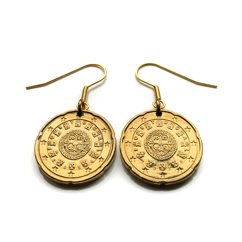 Portugal 20 Euro Cent coin earrings Portuguese king Afonso Henriques royal seal selo real 1142 O Conquistador Fundador 5 Quinas 7 castles Quincunx cross Reconquista Lisbon Porto Guimarães Sintra Braga Coimbra Évora Faro Belém Mirandese Pena e000664