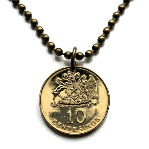 1971 Chile 10 Centesimos coin pendant  escudo Chileno estrella blanca condor huemul Santiago Iquique Rancagua Pintana Temuco Araucania Coquimbo Concepcion Viña del Mar Mapuche Valparaiso Atacama Desert n000360