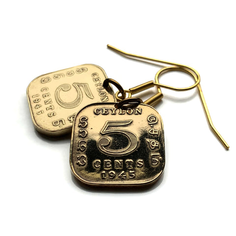 1940's British Ceylon Sri Lanka 5 Cents coin dangle & drop earrings World War 2 era Colombo Kaduwela Maharagama Kesbewa Dehiwala Mount Lavinia Moratuwa Negombo Kotte Kalmunai Kandy Sinhala Eelam Tamils Anuradhapura e000670