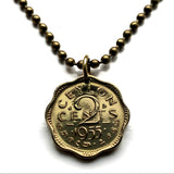 1955 Ceylon Sri Lanka 2 Cent coin pendant Colombo Kotte Sinhalese Buddhism Anuradhapura Kataragama Sabaragamuwa Sri Pada British UK n000275