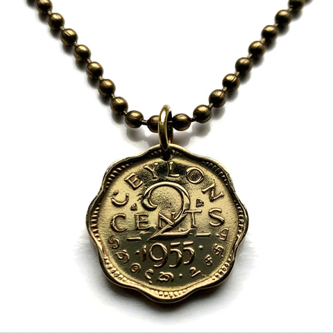 1955 Ceylon Sri Lanka 2 Cent coin pendant Colombo Kotte Sinhalese Buddhism Anuradhapura Kataragama Sabaragamuwa Sri Pada British UK n000275