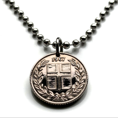 1967 Iceland Ísland 25 Aurar coin pendant Nordic cross Reykjavík Landvættir saga Griðungur Gammur Dreki Bergrisi Vík Skógar Grindavík n001597