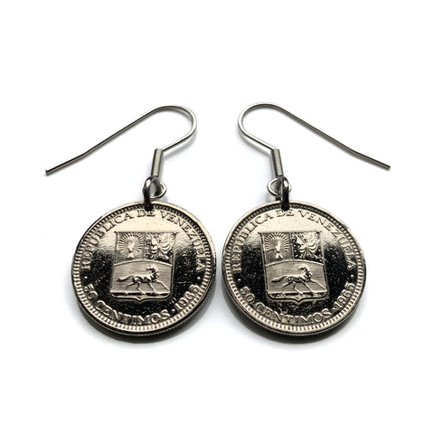 1965 Venezuela 50 Céntimos coin dangle drop earrings jewelry Simón Bolívar white horse Palomo Caracas Maracaibo Valencia pendant Barquisimeto Ciudad Guayana Maturín Barcelona Maracay Cumaná Barinas Miranda San Cristóbal e000673