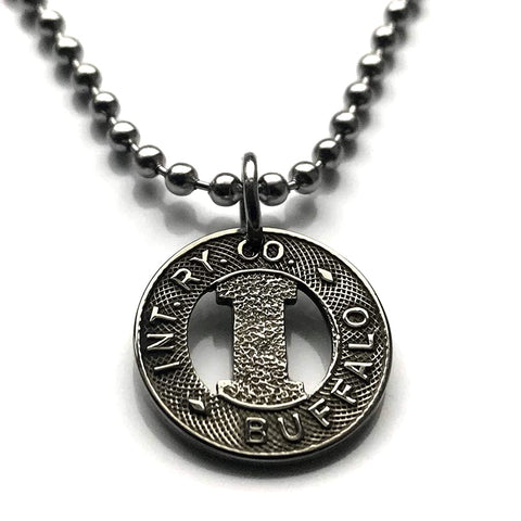USA United States of America Buffalo New York IRC International Railway Company transit token coin pendant necklace jewelry street railway trolleybus One Fare transportation railroad Niagara Falls Erie County Lewiston Cheektowaga Depew n003325