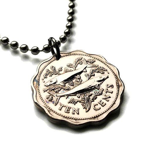 Bahamas 10 Cents coin pendant necklace Bahamian jewelry bonefish fishes sea ocean fishing trout Nassau Exuma & Cays Cat Island Rum Cay Cable Beach beach Paradise Island Gregory Town Blue Lagoon n000028