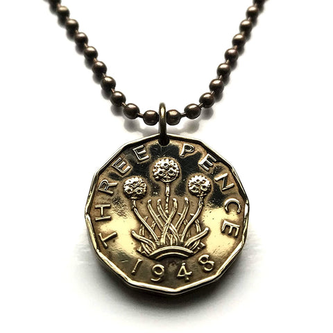 1945 United Kingdom Great Britain 3 Pence coin pendant 3 headed thrift plant sea pink flower England Scotland Northern Ireland Wales London Edinburgh Belfast Cardiff Manchester Birmingham Newcastle Nottingham Sheffield Liverpool Southampton Leeds n000145