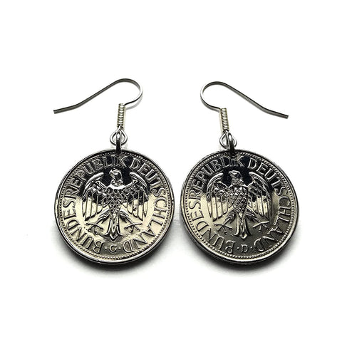 Germany Deutschland 1 Mark coin earrings jewelry black German eagle Berlin Hamburg Munich Cologne Frankfurt Stuttgart Düsseldorf Bavaria Dortmund Leipzig Bremen Dresden Rothenburg Heidelberg Hannover Saxony Essen Bonn Nuremberg Brandenburg e000419