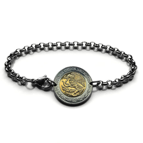 2016 Mexico 1 Peso coin rolo link bracelet Mexican golden eagle Ecatepec Puebla Oaxaca Juárez Morelia Chiapas Tijuana León Monterrey Culiacán Veracruz Yucatán Jalisco Acapulco Cancun Cuernavaca Pachuca Durango Sinaloa Chihuahua Zócalo Aztec b000108