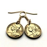 France 5 Centimes coin hook earrings dangle and drop French jewelry Marianne Paris Marseille Lyon Toulouse Bordeaux Lille Nice Rennes Reims Nantes Le Havre Toulon Dijon Strasbourg Seine Saint-Etienne Normandy e000018