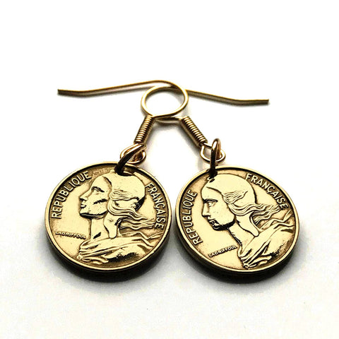 France 5 Centimes coin hook earrings dangle and drop French jewelry Marianne Paris Marseille Lyon Toulouse Bordeaux Lille Nice Rennes Reims Nantes Le Havre Toulon Dijon Strasbourg Seine Saint-Etienne Normandy e000018