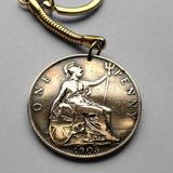 1905 United Kingdom Great Britain 1 Penny coin keychain or pendant necklace jewelry British King Edward VII Britannia London England Scotland Wales Northern Ireland Belfast Edinburgh Birmingham Cardiff Sheffield Liverpool Glasgow n001936
