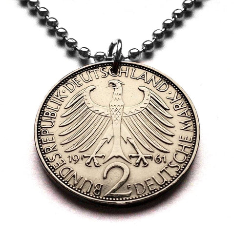 1964 Germany Deutschland 2 Mark coin pendant necklace German black eagle Berlin Hamburg Munich Cologne Frankfurt Stuttgart Düsseldorf Dortmund Leipzig Bremen Dresden Rothenburg Heidelberg Hanover Saxony Essen Nuremberg Brandenburg Bonn Bavaria n001112