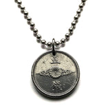 1942 Japan Nippon Nihon 5 Sen coin pendant necklace jewelry World War 2 era Japanese Golden kite bird Phoenix Hō-ō Fenghuang fushichō Chrysanthemum Tokyo Kobe Yokohama Osaka Sendai Sapporo Kyoto Fukuoka Kawasaki Nagoya Shibuya Saitama n002181