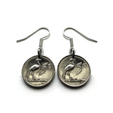 South Africa Suid Afrika 5 Cent coin earrings blue paradise Stanley crane bird Cape Town Johannesburg Pretoria Port Elizabeth Limpopo Soweto Soshanguve Afrikaan isiXhosa Nguni Bantu Zulu Gauteng Polokwane Bloemfontein Azania Durban KwaZulu-Natal e000443