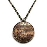 1843 Portugal 10 Reis coin pendant Portuguese 5 Quinas castles Quincunx cross Lisboa Porto Sintra Braga Coimbra Évora Faro Santa Maria de Belém Vila Nova de Gaia Mirandese Guimarães Praia da Marinha Viseu Setúbal Amadora Funchal Almada Portalegre n003585