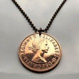 1965 United Kingdom Great Britain 1 Penny coin pendant Queen Elizabeth Britannia England Scotland Wales Northern Ireland London Edinburgh Cardiff Glasgow Belfast Manchester Leeds Liverpool Birmingham Bristol Sheffield Nottingham Norwich Newcastle n003524