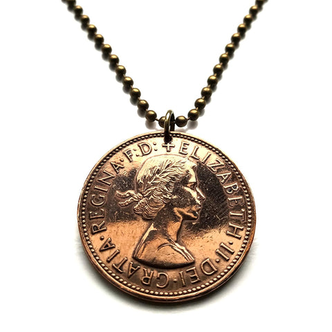 1965 United Kingdom Great Britain 1 Penny coin pendant Queen Elizabeth Britannia England Scotland Wales Northern Ireland London Edinburgh Cardiff Glasgow Belfast Manchester Leeds Liverpool Birmingham Bristol Sheffield Nottingham Norwich Newcastle n003524