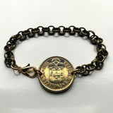 1986 Portugal 5 Escudos coin rolo link bracelet Portuguese Quinas castles Porto Lisbon Braga Faro Lagoa Sintra Coimbra Évora Vasco da Gama Maria de Belém Algarve Guimarães Mirandese b000109