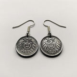 Germany Deutschland 5 Pfennig Iron coin earrings jewelry World War 1 era black German eagle Berlin Hamburg Munich Cologne Frankfurt Stuttgart Düsseldorf Dortmund Bavaria Rothenburg Leipzig Bremen Dresden e000071