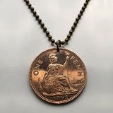 1965 United Kingdom Great Britain 1 Penny coin pendant Queen Elizabeth Britannia England Scotland Wales Northern Ireland London Edinburgh Cardiff Glasgow Belfast Manchester Leeds Liverpool Birmingham Bristol Sheffield Nottingham Norwich Newcastle n003524