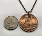 1965 United Kingdom Great Britain 1 Penny coin pendant Queen Elizabeth Britannia England Scotland Wales Northern Ireland London Edinburgh Cardiff Glasgow Belfast Manchester Leeds Liverpool Birmingham Bristol Sheffield Nottingham Norwich Newcastle n003524