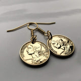 France 5 Centimes coin hook earrings dangle and drop French jewelry Marianne Paris Marseille Lyon Toulouse Bordeaux Lille Nice Rennes Reims Nantes Le Havre Toulon Dijon Strasbourg Seine Saint-Etienne Normandy e000018