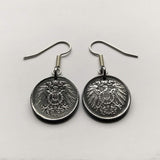 Germany Deutschland 5 Pfennig Iron coin earrings jewelry World War 1 era black German eagle Berlin Hamburg Munich Cologne Frankfurt Stuttgart Düsseldorf Dortmund Bavaria Rothenburg Leipzig Bremen Dresden e000071