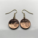 Spain España 1 Euro Cent Spanish coin hook earrings jewelry Camino de Santiago Compostela cathedral Galicia Way of Saint James apostle Ourense Ferrol Christianity Praza do Obradoiro Lugo pilgrimage Pontevedra e000407