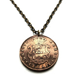 1843 Portugal 10 Reis coin pendant Portuguese 5 Quinas castles Quincunx cross Lisboa Porto Sintra Braga Coimbra Évora Faro Santa Maria de Belém Vila Nova de Gaia Mirandese Guimarães Praia da Marinha Viseu Setúbal Amadora Funchal Almada Portalegre n003585