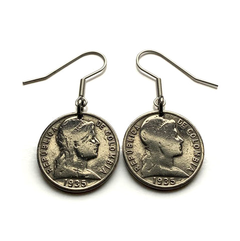 1935 Colombia 5 Centavos coin earrings Libertad Phrygian cap Bogotá Medellín Cali Barranquilla Cartagena Cúcuta Soacha Soledad Bucaramanga Bello Ibagué Manizales Montería Valle del Cauca Antioquia Pereira Caldas Armenia Muisca Chibcha Quimbaya e000275