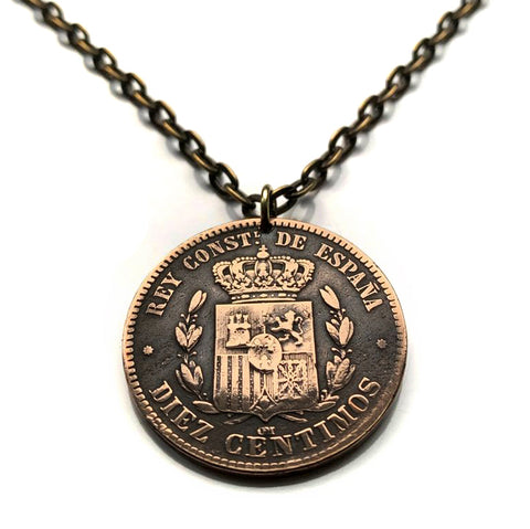 1879 Spain España 10 Centimos Spanish coin pendant escudo Español Madrid Barcelona Sevilla Málaga Cadiz Bilbao A Coruña Granada Córdoba Valencia Zaragoza Toledo Tenerife Murcia Asturias Cataluña Catalan Vigo Gijón Ibiza Oviedo Hispania Iberia n000368