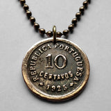 1925 Portugal 10 Centavos coin pendant Portuguese lady Lisboa Oporto Sintra Braga Guimarães Coimbra Funchal Beja Aveiro Azores Algarve Praia da Marinha Madeira Évora Faro Ourique Fatima Loures Setúbal Almada Vila Nova de Gaia Mirandese Quinas n000002