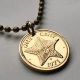 1971 Bahamas 1 Cent coin pendant necklace jewelry Bahamian starfish sea star Nassau Andros Exuma Junkanoo Rose Island Lighthouse Beach Rum Cay sea vacation n000500