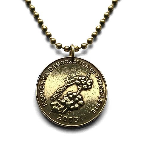 2003 East Timor Timor-Leste 50 Centavos coin pendant necklace Timorese coffee berries Dili Maubara Liquica Jaco Valu Tutuala Maubara Tetum language Maubere Balibo Baucau kaibauk headdress Indonesia Atauro Lesser Sunda Jaco Islands Oecusse n002832