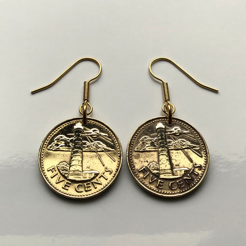 Barbados 5 Cents coin hook earrings Barbadian jewelry Bajan South Point Lighthouse Bridgetown Broken Trident dolphin fish pelican beach Lesser Antilles drietand Caribbees West Indies Crop Over Festival Errol Barrow Grand Kadooment Day Bimshire e000186