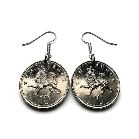 1992 England United Kingdom Great Britain 10 Pence coin earrings English lion London Manchester Birmingham Southampton Sheffield Liverpool Leeds Nottingham Bristol Newcastle Yorkshire Reading Portsmouth Leicester Norwich Canterbury Coventry Kent e000323