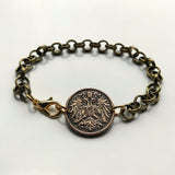 1911 Austria Österreich 2 Heller coin rolo link brass bracelet jewelry double headed eagle Austro-Hungarian Habsburg shield Vienna Salzburg Wien Graz Innsbruck Villach Sankt Pölten Wels Sölden Ischgl Gmunden Vorarlberg Zell am See Hungary b000071