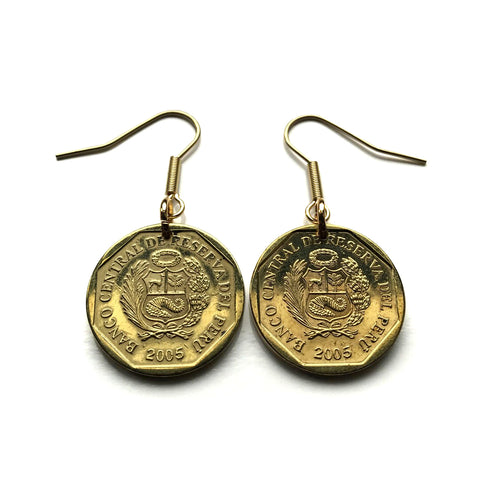 Peru 10 Centimos coin earrings escudo Peruano Lima Arequipa Trujillo Chiclayo Piura Huancayo Machu Picchu Cusco Incas Nazca Ica Chimbote Iquitos Tacna Tarata Puno Juliaca Cajamarca Chincha Huánuco Pucallpa Sullana llama alpaca Chimu Chan Chan e000448