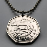 1994 Barbados 1 Dollar coin pendant Barbadian flying fish Bridgetown dolphin fish pelican caribbean Trident of Poseidon Sandy Lane Beach Bajan Creole Caribbees West Indies Crop Over festival Crane Beach Grand Kadooment Day Bimshire Saint Michael n002115