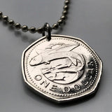 1994 Barbados 1 Dollar coin pendant Barbadian flying fish Bridgetown dolphin fish pelican caribbean Trident of Poseidon Sandy Lane Beach Bajan Creole Caribbees West Indies Crop Over festival Crane Beach Grand Kadooment Day Bimshire Saint Michael n002115