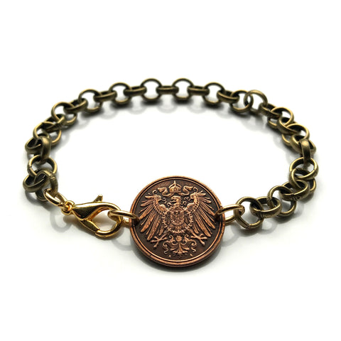 1900 Germany Deutschland 1 Pfennig coin brass rolo link bracelet black German eagle Berlin Hamburg Munich Cologne Frankfurt Stuttgart Düsseldorf Dortmund Leipzig Bremen Dresden Hanover Bavaria Bonn Nuremberg b000073