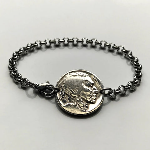 USA 5 Cent Buffalo Indian Head nickel coin rolo link bracelet native American bison Chief Iron Tail New York Washington Nebraska b000085