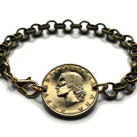 1957 Italy 20 Lire coin bracelet lady Minerva Rome Florence Venice Milan Torino Palermo Napoli Genoa Verona Perugia Siena Padua Bologna Modena Tuscany Cagliari Pisa Bergamo Matera Bari Lecce San Gimignano Trieste Ferrara Sorrento Taranto Capri b000087