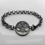 1944 Sweden Sverige 2 Ore coin rolo link bracelet Swedish crown initial G Tre Kroner Swedes Stockholm Gothenburg Malmo Uppsala Linkoping Orebro Ostergotland Norrland Scandinavia Nordic Vikings Norse Svealand Scandes Gotaland Vasteras Helsingborg b000057