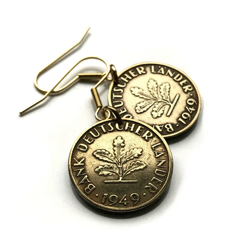 1949 Germany Deutschland 10 Pfennig coin earrings oak seedling tree planting gardening Berlin Hamburg Munich Cologne Frankfurt Stuttgart Düsseldorf Bavaria Dortmund Leipzig Bremen Dresden Bonn e000470