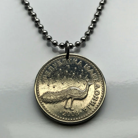 2008 North Macedonia 10 Denari coin pendant Peacock male Peafowl Stobi Skopje Bitola Kumanovo Prilep Tetovo Veles Štip Lake Ohrid Gostivar Pelagonia Vardar Balkans Yugoslavia Scupi Adriatic n003483