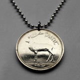 1990 Ireland Éire 1 Pound coin pendant necklace jewelry red deer stag hart hind Irish Celtic harp cláirseach Dublin Cork Limerick Waterford Galway Guinness Connacht Swords Dundalk Munster Goidels reindeer n001764