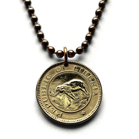 1937 Liberia 1/2 Cent coin pendant necklace jewelry West African elephant safari Monrovia Gbarnga Buchanan Ganta Kakata Zwedru Harbel Montserrado Nimba Kpelle Bassa people Bong Lofa Harper Pleebo Foya Klao n000742