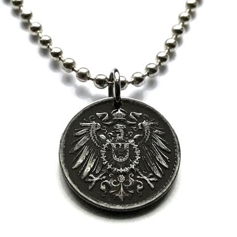 1919 Germany Deutschland 5 Pfennig coin pendant World War 1 era German eagle Berlin Hamburg Munich Cologne Frankfurt Stuttgart Dusseldorf Bavaria Leipzig Dortmund Essen Bremen Dresden Hanover Nuremberg Rothenburg Heidelberg Hesse Bonn Brandenburg n000283