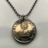 1991 Portugal 100 Escudos coin pendant Portuguese Quinas castles Lisbon Porto Sintra Braga Coimbra Évora Faro Santa Maria de Belém Aveiro Ourique Mirandese Castilian Vila Nova de Gaia Ponta Delgada Guimarães Lagos Fatima Algarve Praia da Marinha n002293